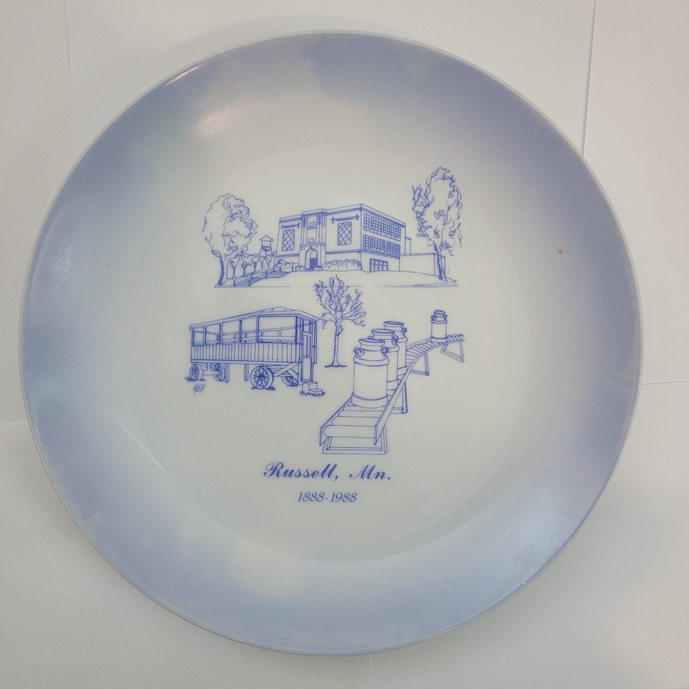 Russell MN Centennial 1888-1988 Blue White Vintage Rare Souvenir Plate